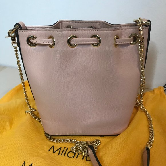 Valentino by Mario Valentino Bucket Bag Crossbody Purse Pink Leather Gold Chain - Picture 5 of 11